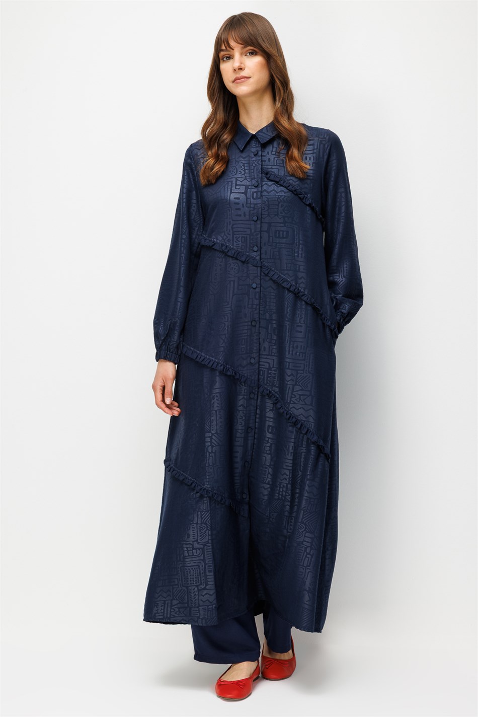 FENİX Özel Desen Soft Kumaş Paralel Büzgü Garni Zamansız Maxi Tunik Elbise-Laci