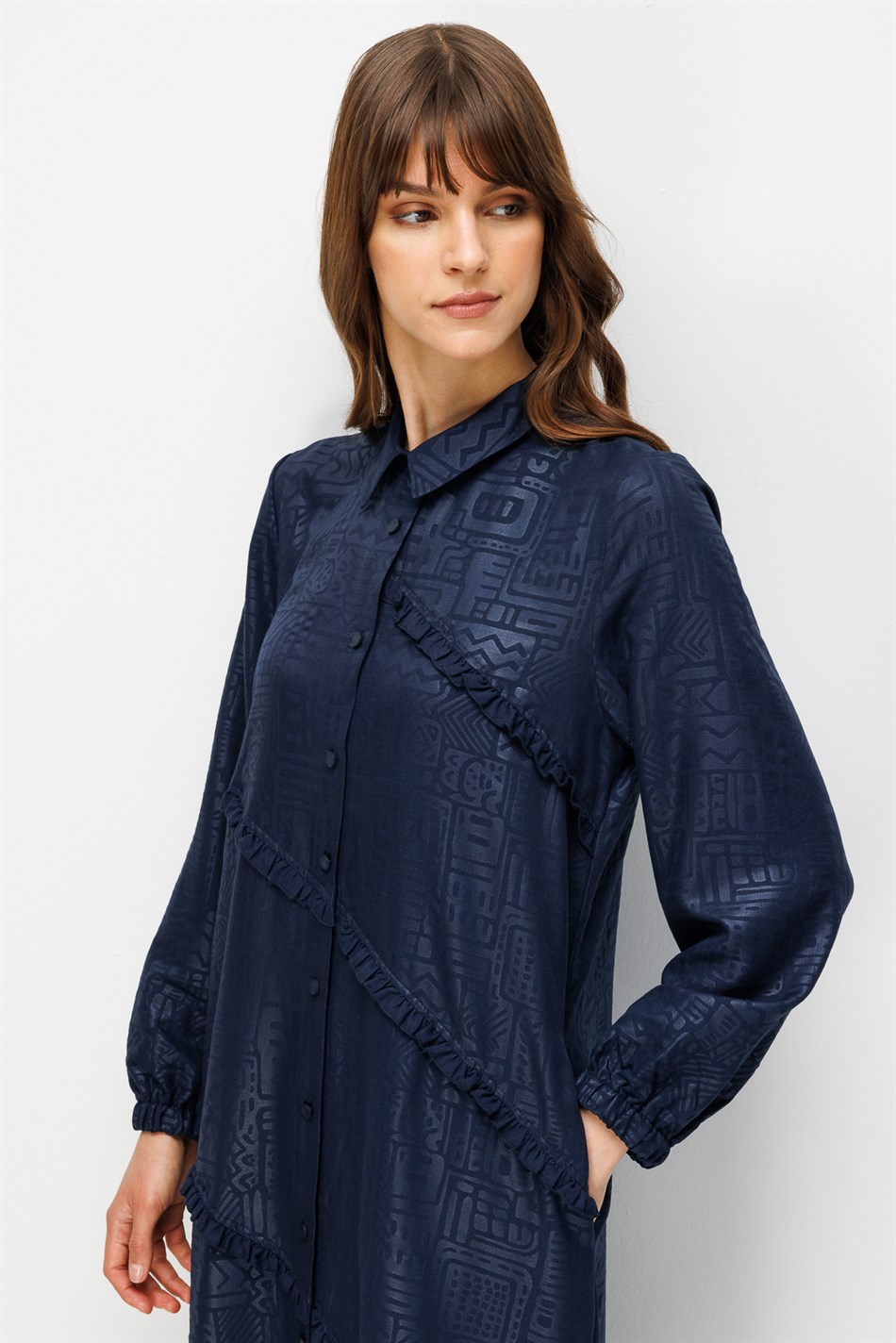 FENİX Özel Desen Soft Kumaş Paralel Büzgü Garni Zamansız Maxi Tunik Elbise-Laci