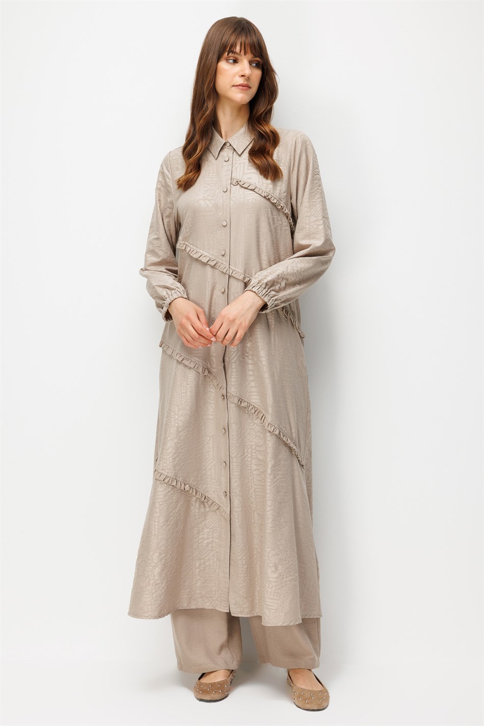 FENİX Özel Desen Soft Kumaş Paralel Büzgü Garni Zamansız Maxi Tunik Elbise-Taş
