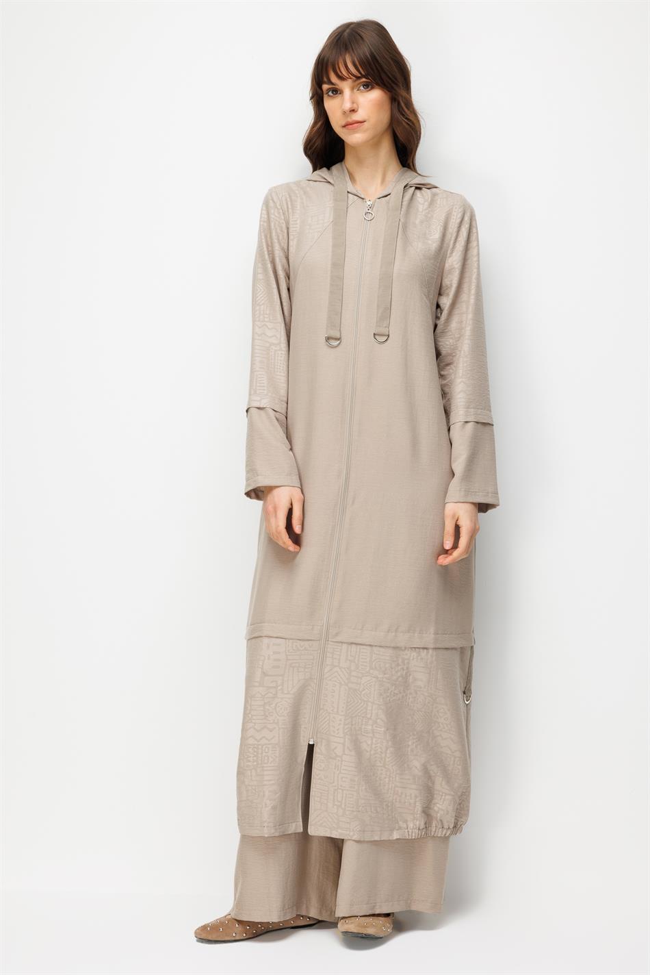 FENIX Özel Desen Soft Kumaş ve Düz İpekçe Garnili Aksesuarlı Zamansız Kap Ferace-Taş