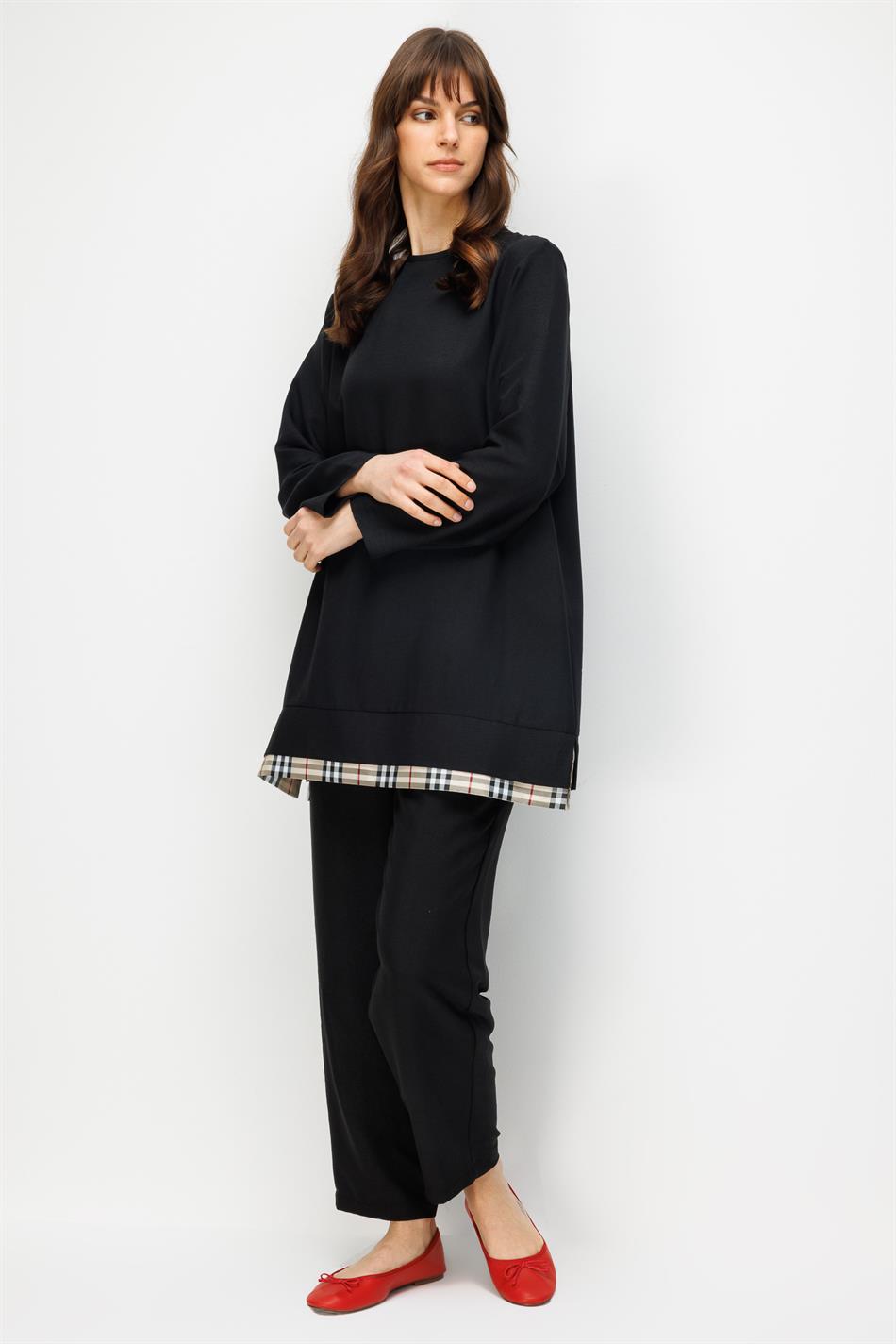 Ferra Garni İpekçe Kumaş Hafif ve Konforlu Pantalon Tunik Kombin Takım-Siyah