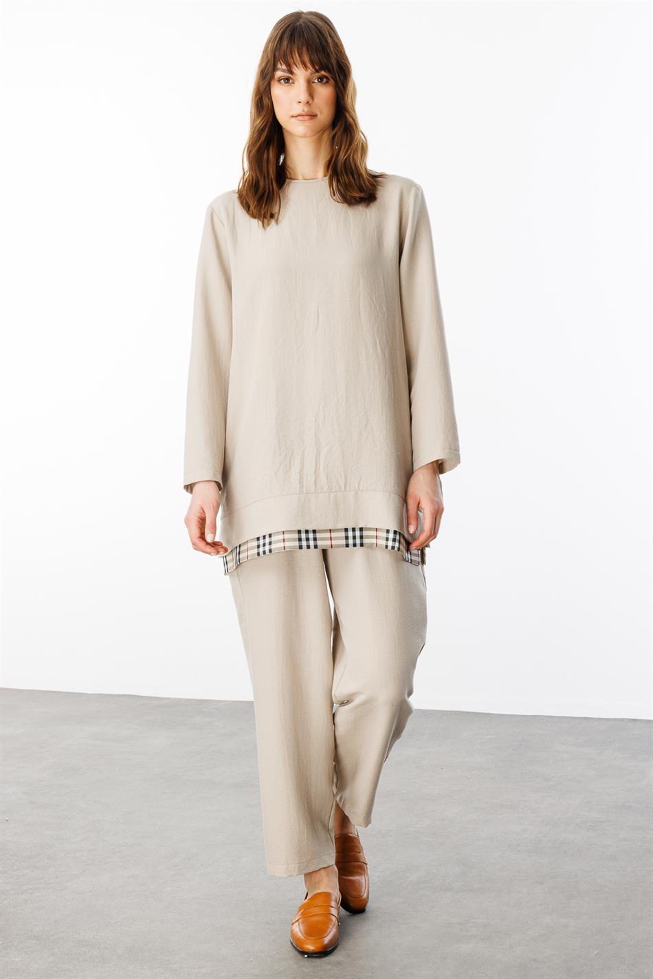 Ferra Garni İpekçe Kumaş Hafif ve Konforlu Pantalon Tunik Kombin Takım-Taş