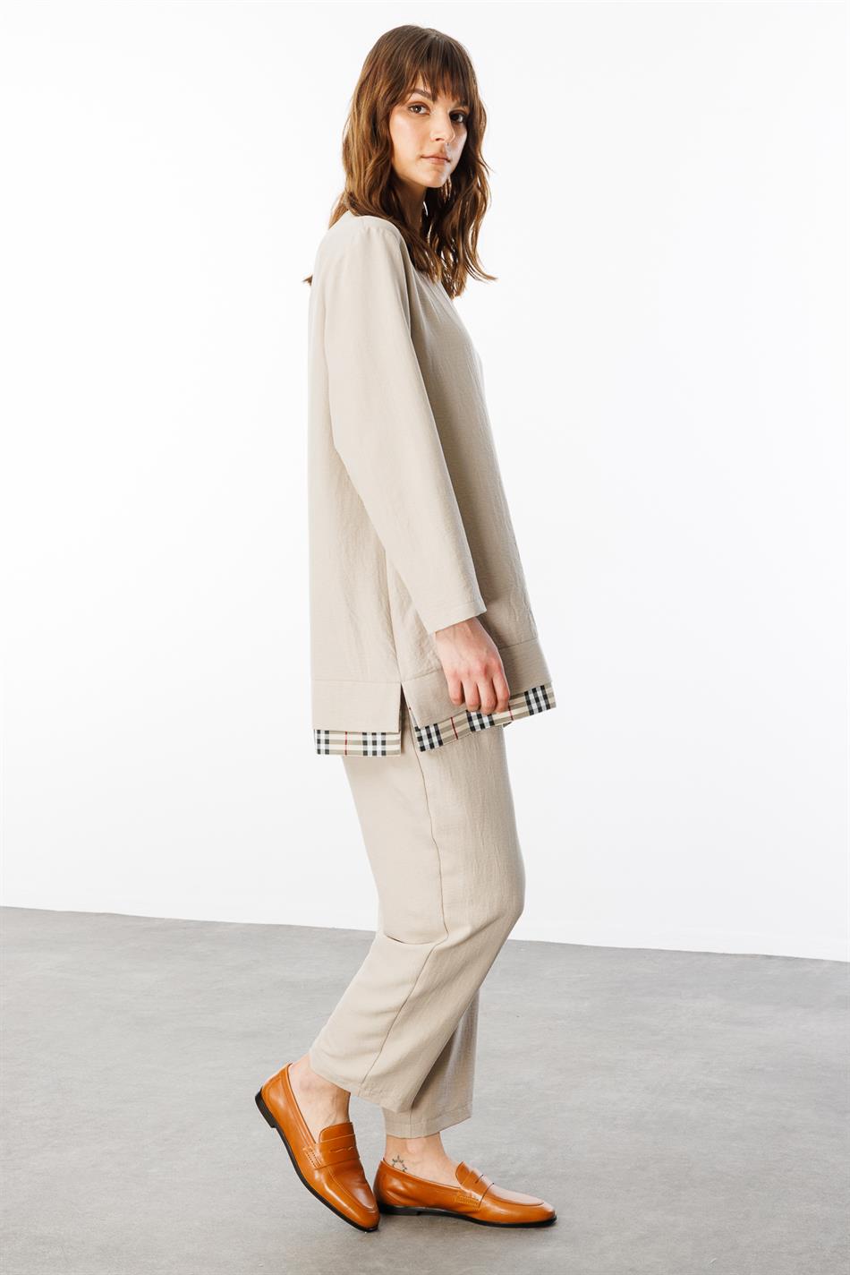 Ferra Garni İpekçe Kumaş Hafif ve Konforlu Pantalon Tunik Kombin Takım-Taş