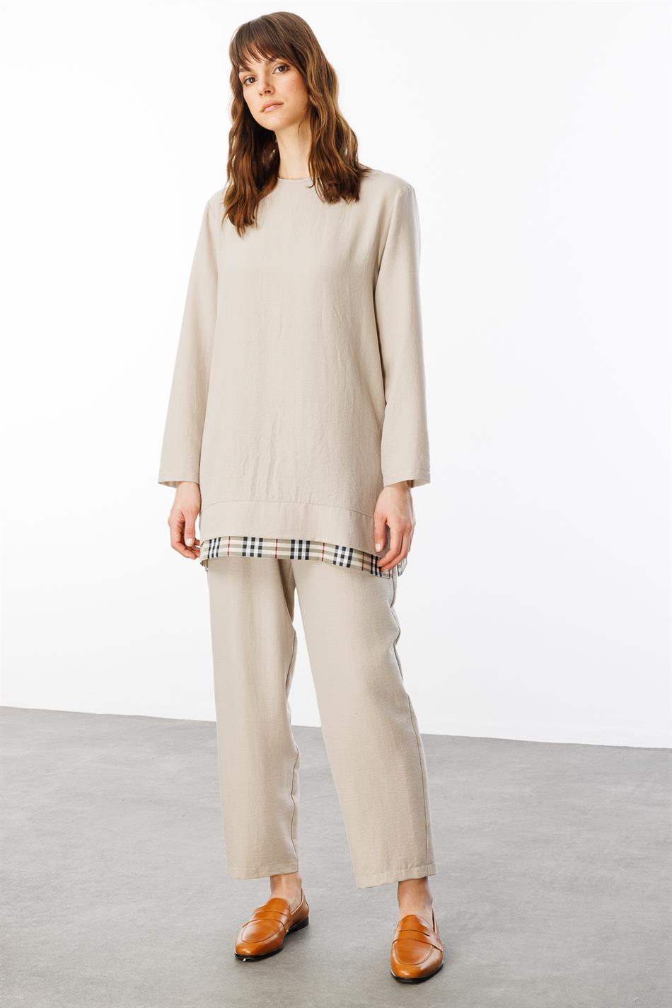 Ferra Garni İpekçe Kumaş Hafif ve Konforlu Pantalon Tunik Kombin Takım-Taş