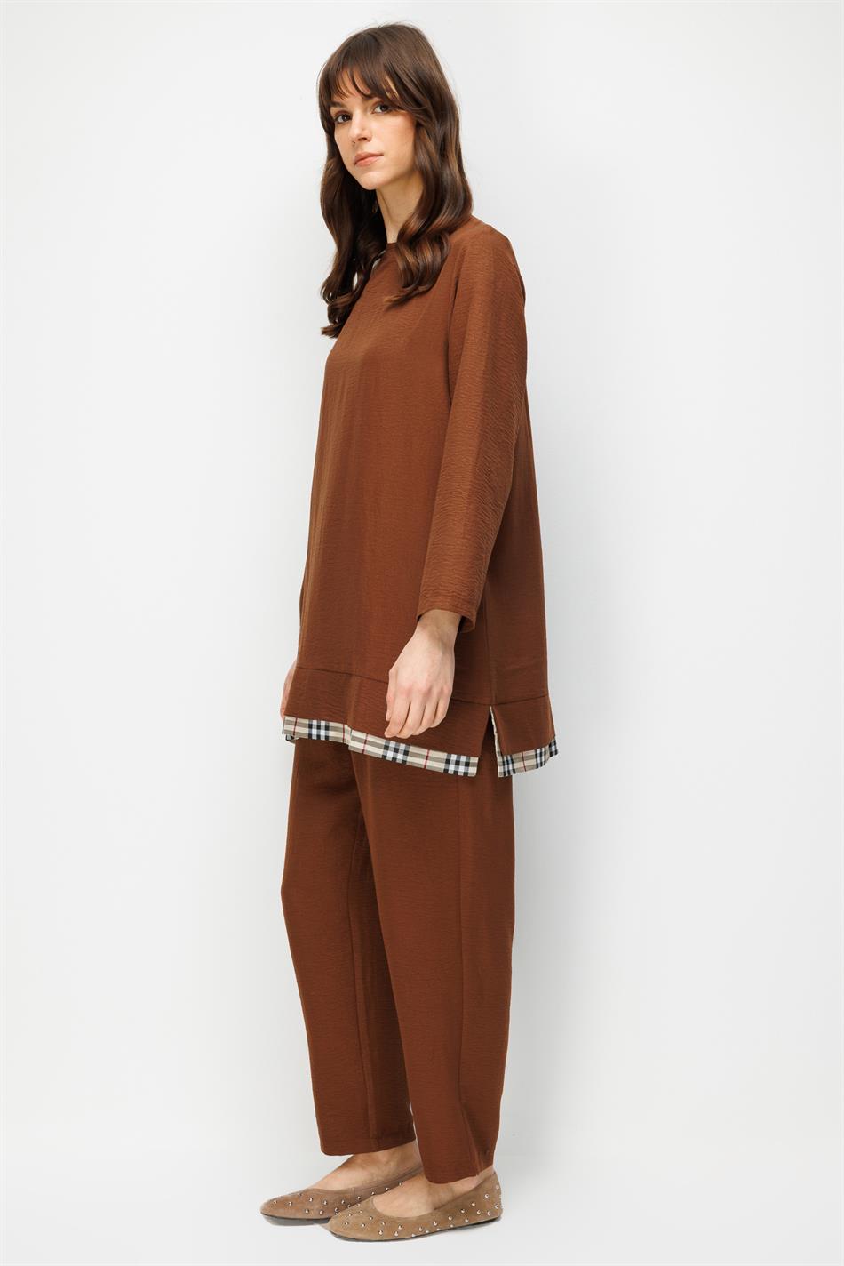 Ferra Garni zijden stoffen lichtgewicht en comfortabele broek en tuniek set - Koffie