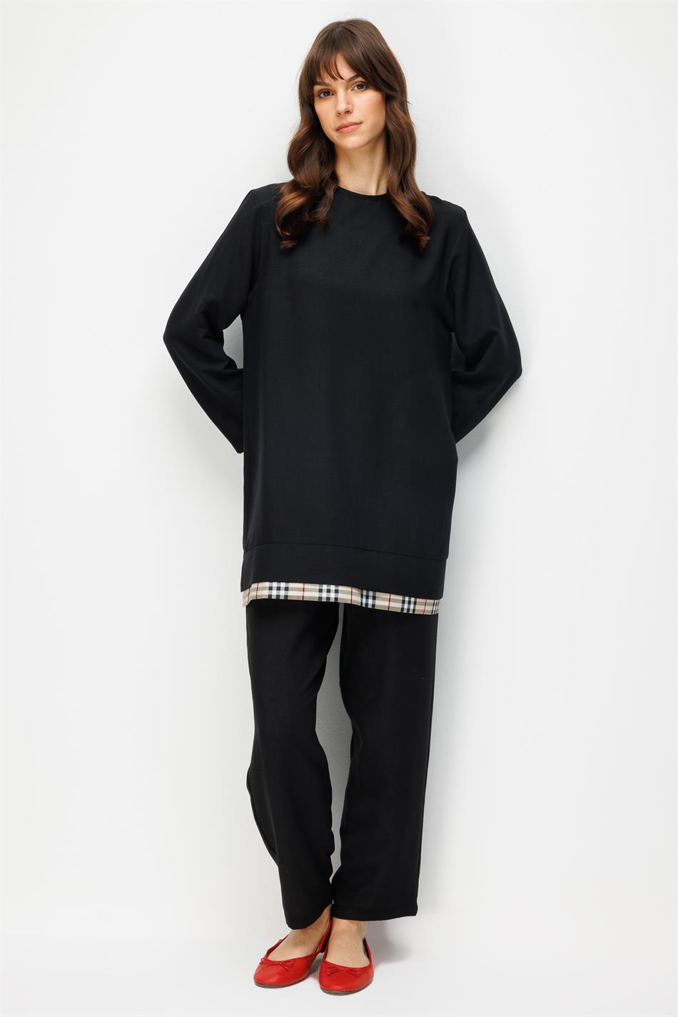 Ferra Garni İpekçe Kumaş Hafif ve Konforlu Pantalon Tunik Kombin Takım-Siyah