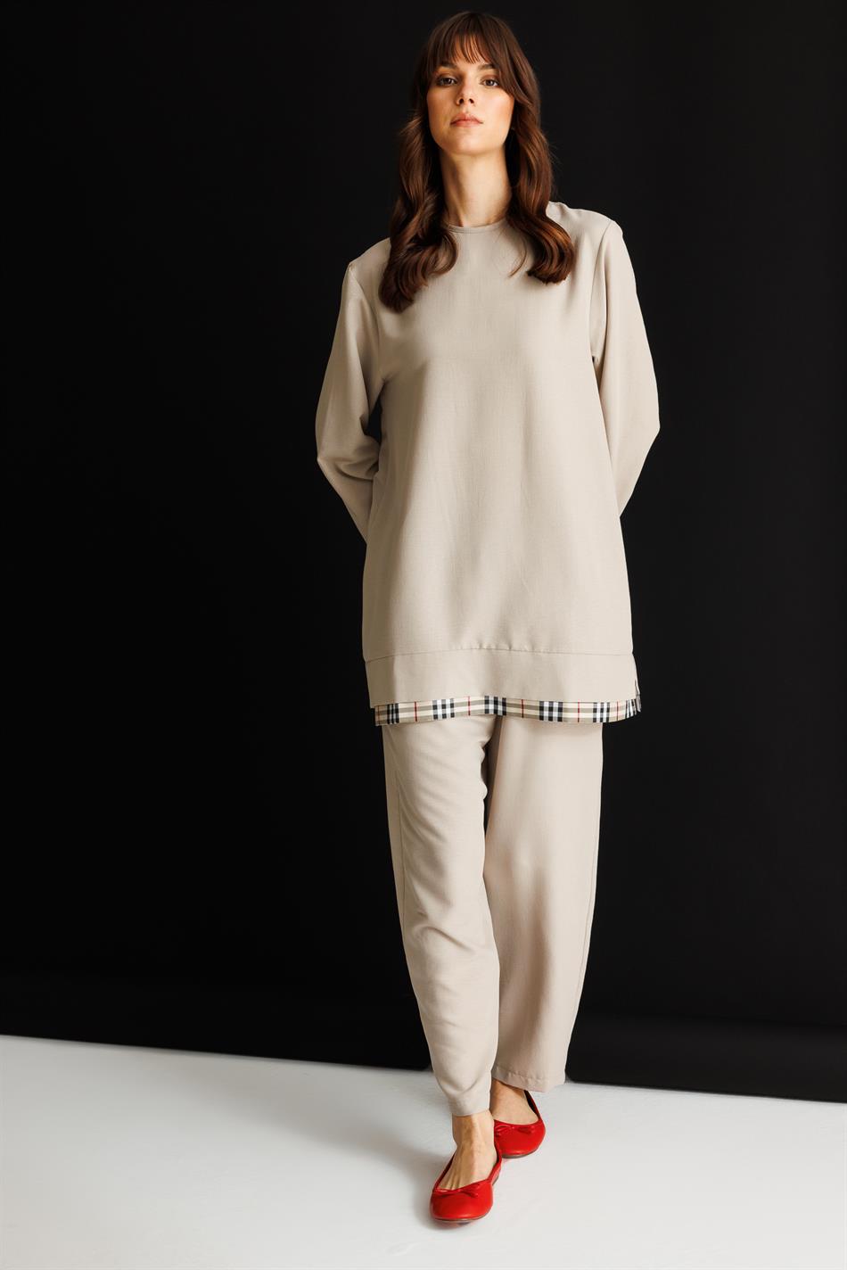 Ferra Garni İpekçe Kumaş Hafif ve Konforlu Pantalon Tunik Kombin Takım-Vizon