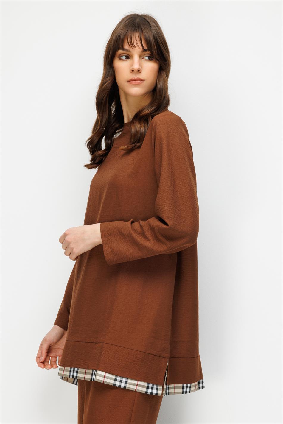 Ferra Garni zijden stoffen lichtgewicht en comfortabele broek en tuniek set - Koffie