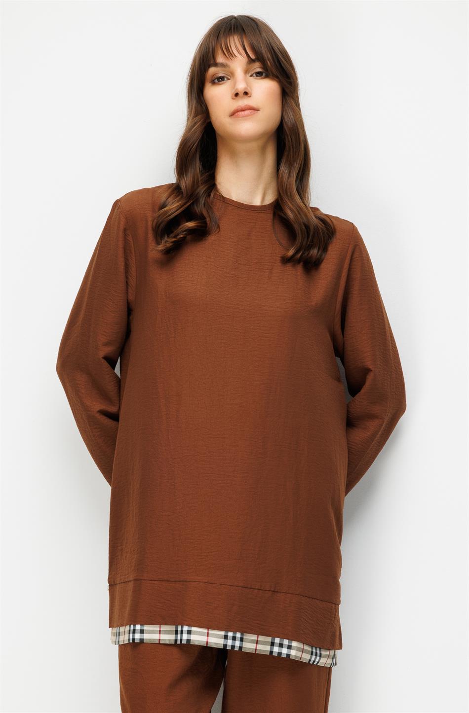 Ferra Garni zijden stoffen lichtgewicht en comfortabele broek en tuniek set - Koffie