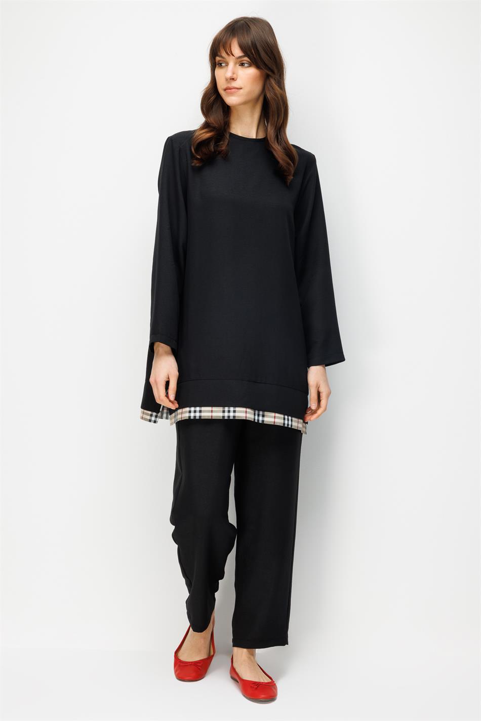 Ferra Garni İpekçe Kumaş Hafif ve Konforlu Pantalon Tunik Kombin Takım-Siyah