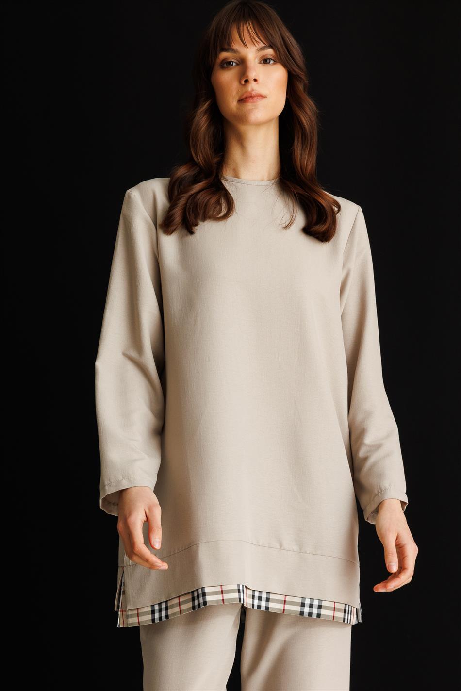 Ferra Garni İpekçe Kumaş Hafif ve Konforlu Pantalon Tunik Kombin Takım-Vizon