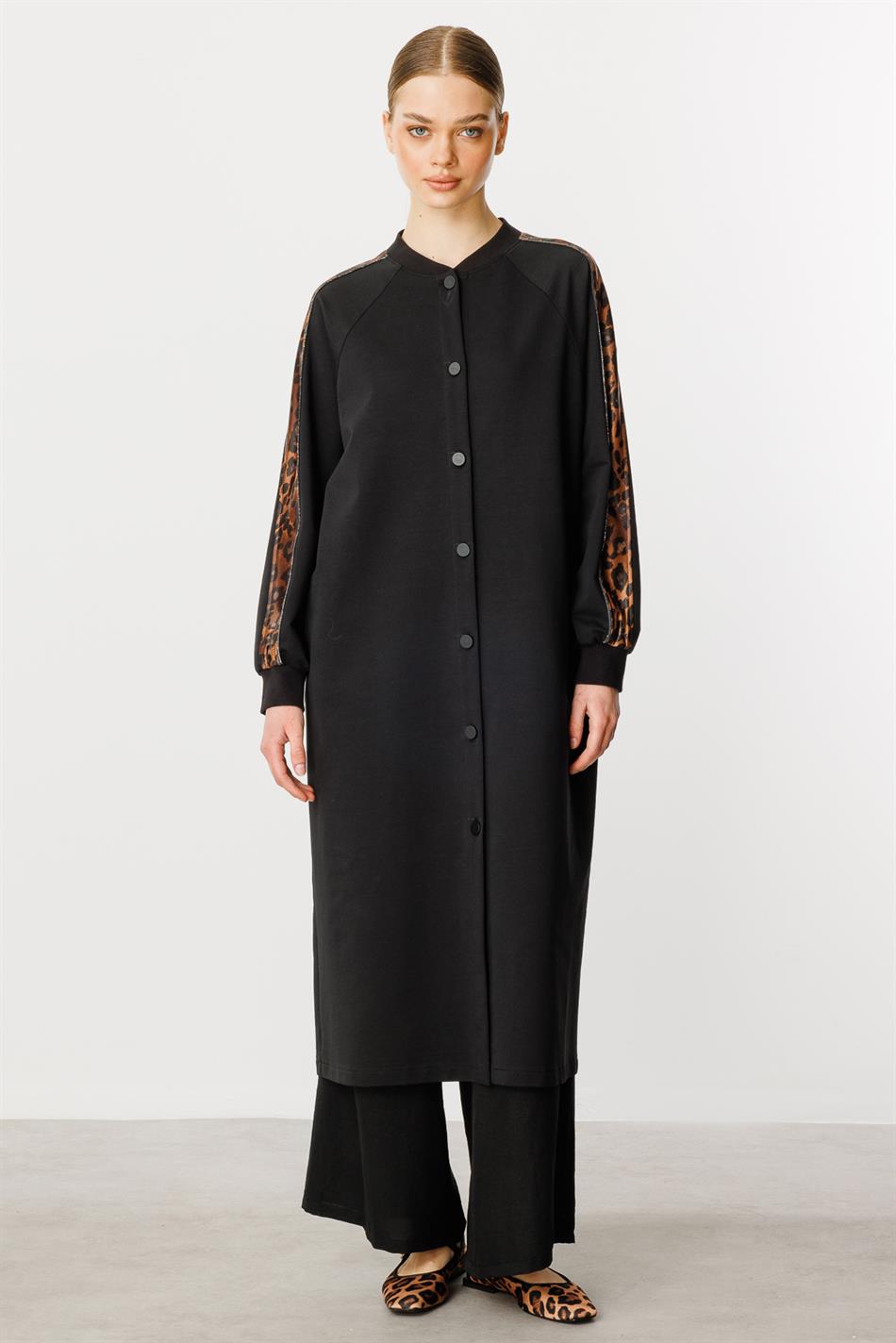 F/I Leopard Trim Pambıq Qarışıq İncə Örgü Palto / Frrce-Qara