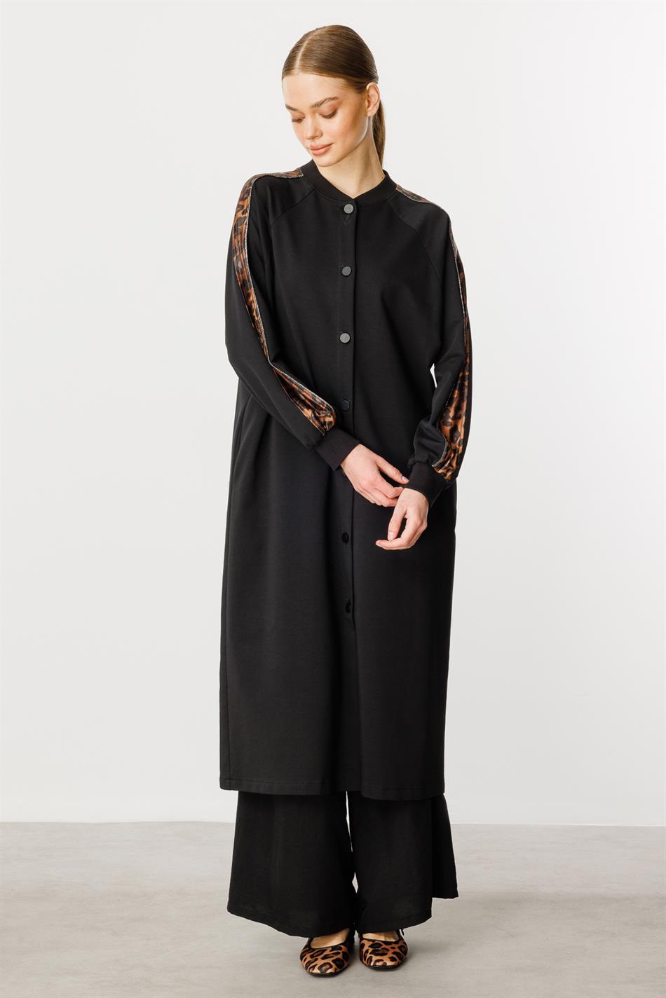 F/I Leopard Trim Pambıq Qarışıq İncə Örgü Palto / Frrce-Qara