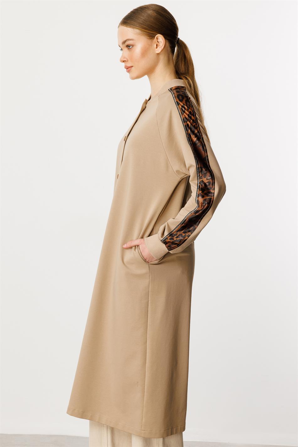 F/I Leopardenbesatz Baumwollmischgewebe Feinstrickmantel / Frrce-Mink