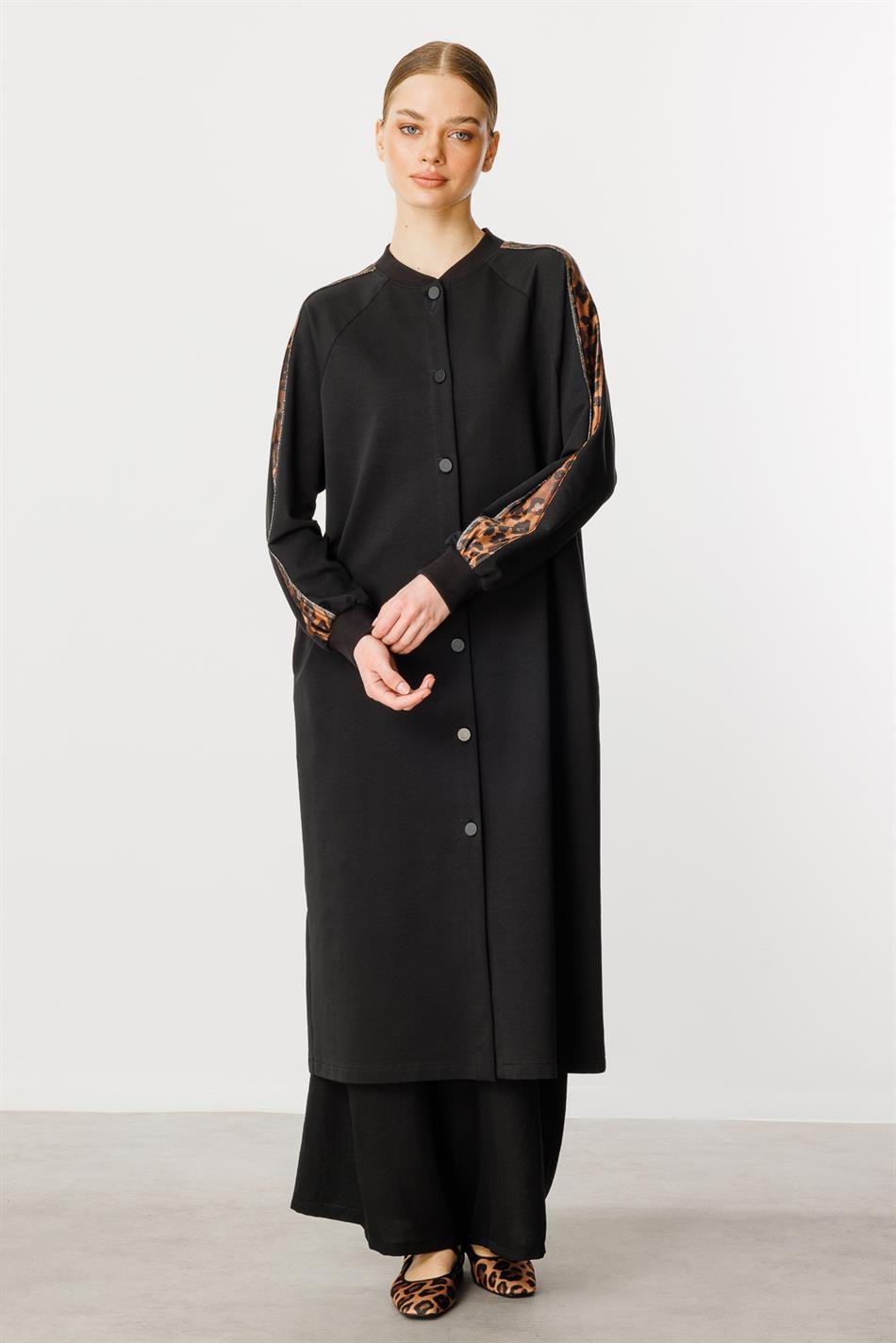 F/I Leopard Trim Pambıq Qarışıq İncə Örgü Palto / Frrce-Qara