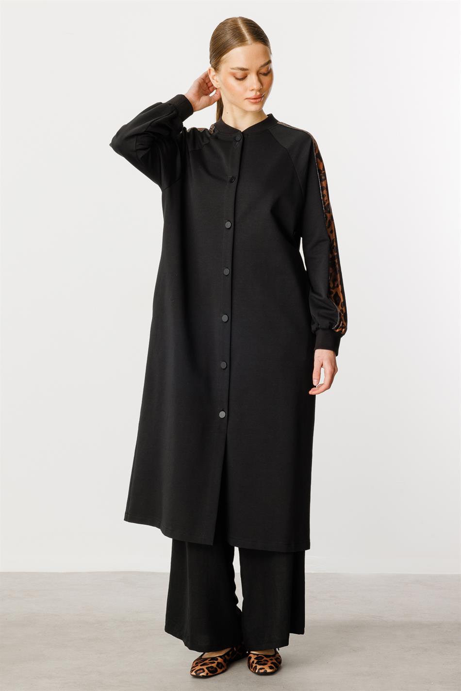 F/I Leopard Trim Pambıq Qarışıq İncə Örgü Palto / Frrce-Qara