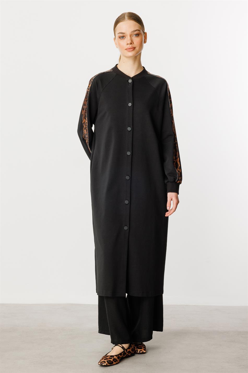 F/I Leopard Trim Pambıq Qarışıq İncə Örgü Palto / Frrce-Qara