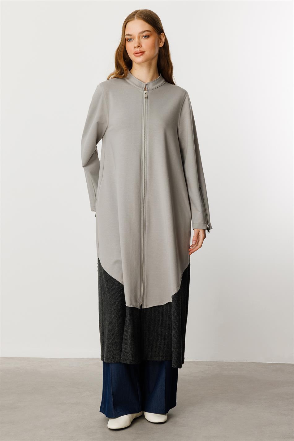 Gratis gebreide abaya van katoenmix met ritssluiting en sierrand - Grijs