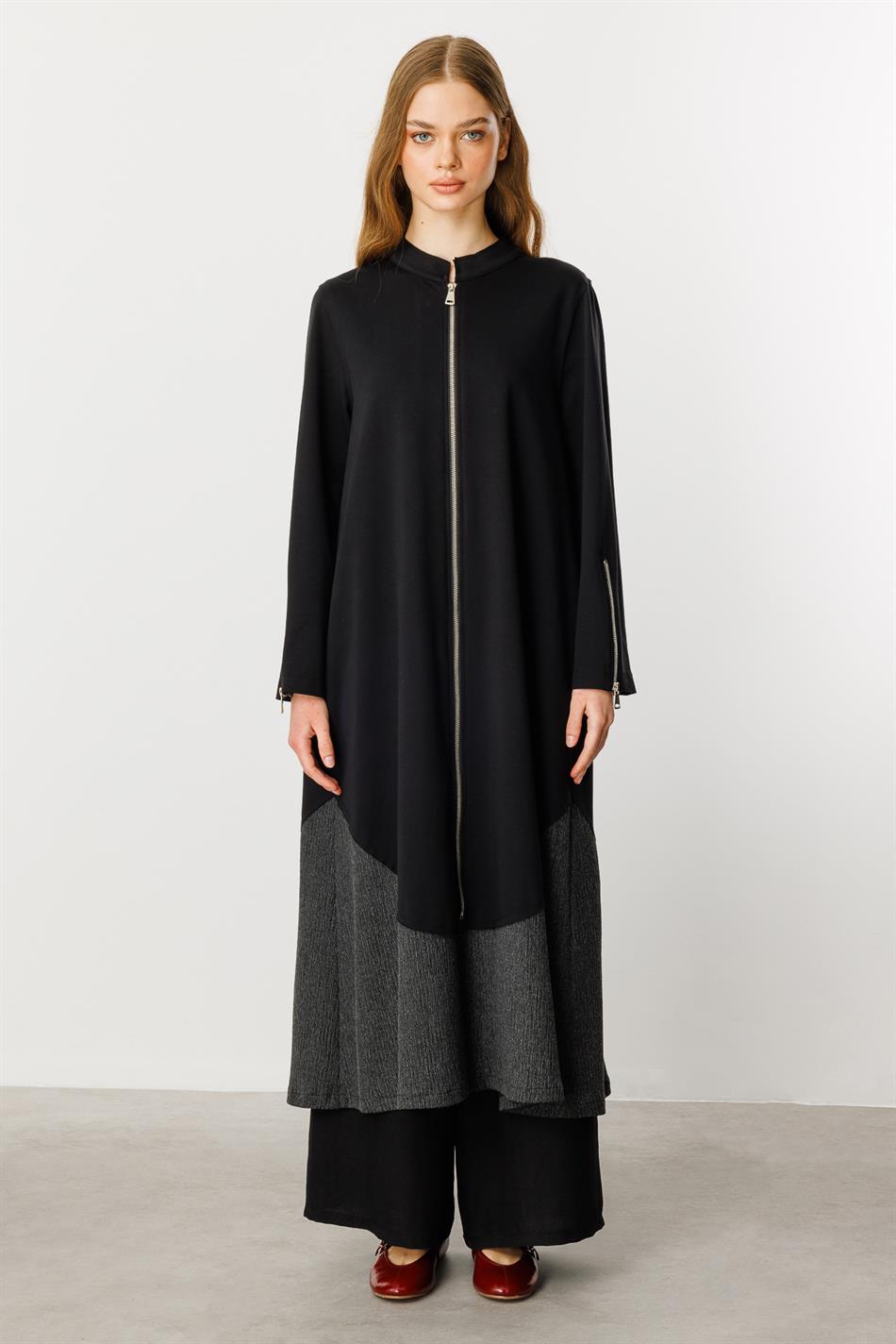 Gratis gebreide abaya van katoenmix met ritssluiting en sierrand - Zwart