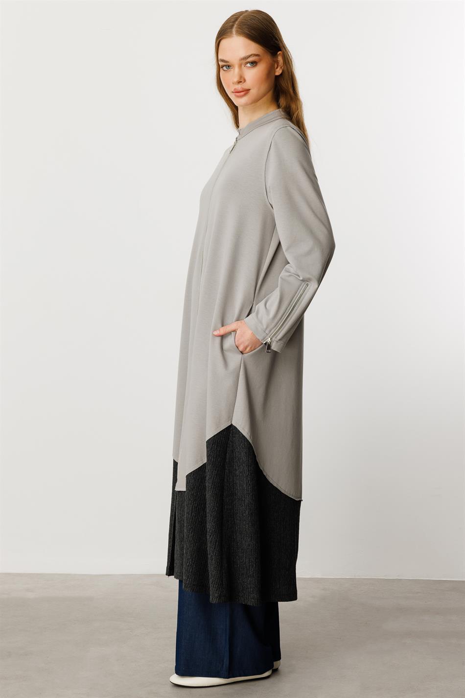 Gratis gebreide abaya van katoenmix met ritssluiting en sierrand - Grijs