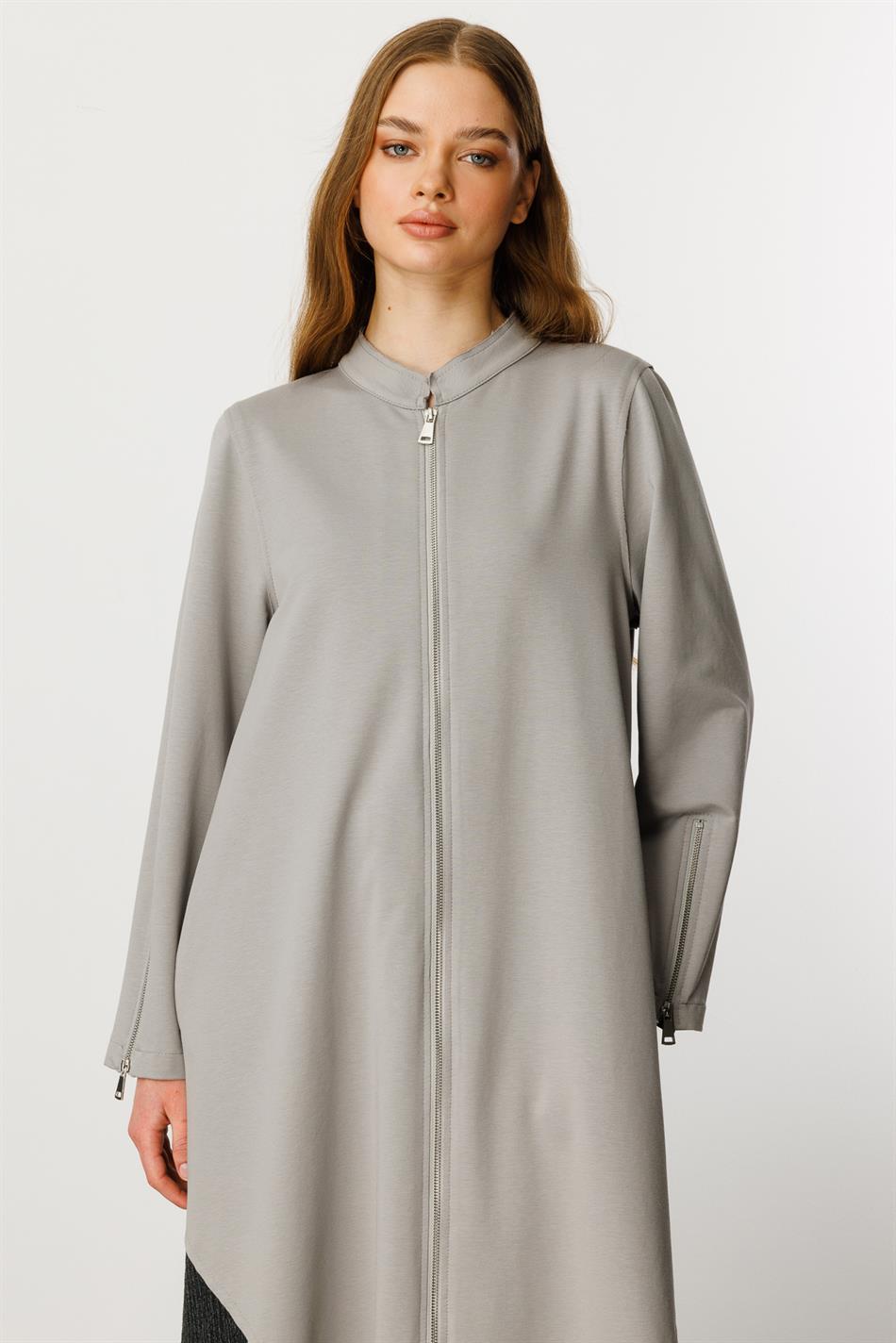 Gratis gebreide abaya van katoenmix met ritssluiting en sierrand - Grijs