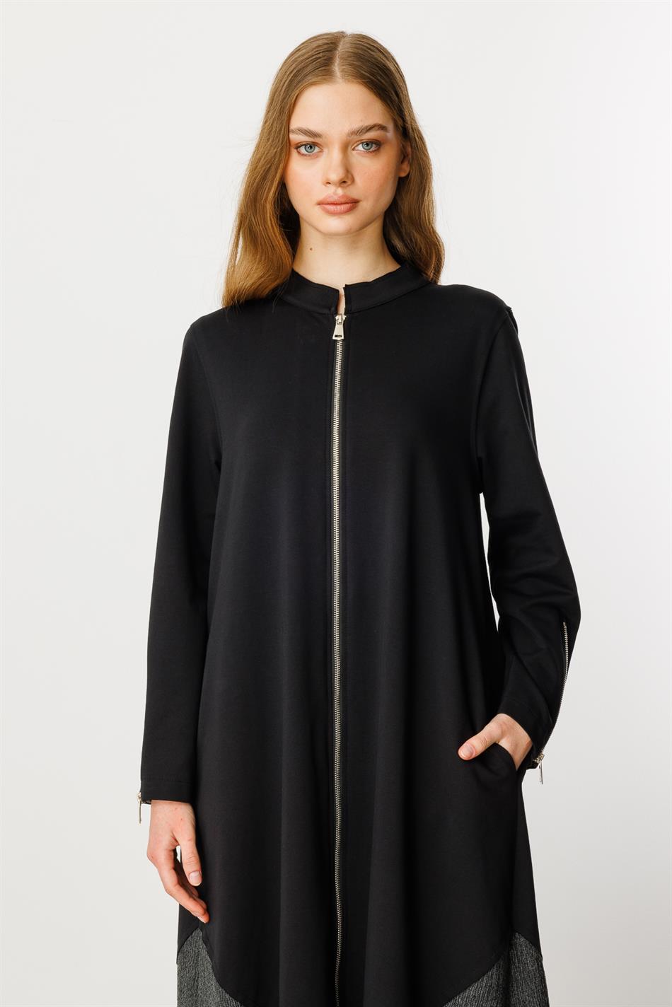 Gratis gebreide abaya van katoenmix met ritssluiting en sierrand - Zwart