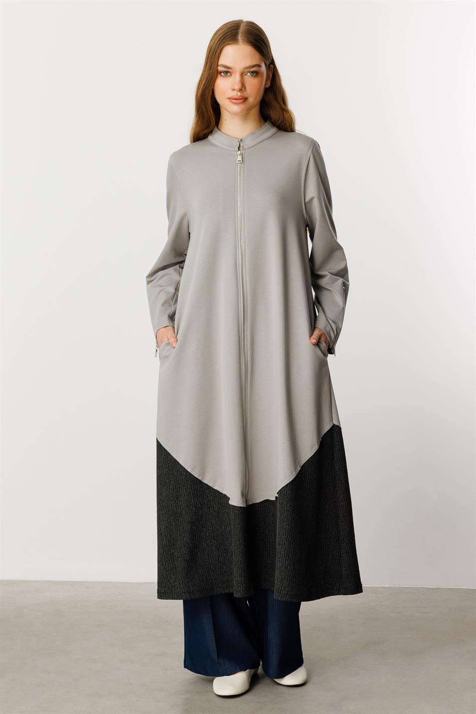 Gratis gebreide abaya van katoenmix met ritssluiting en sierrand - Grijs