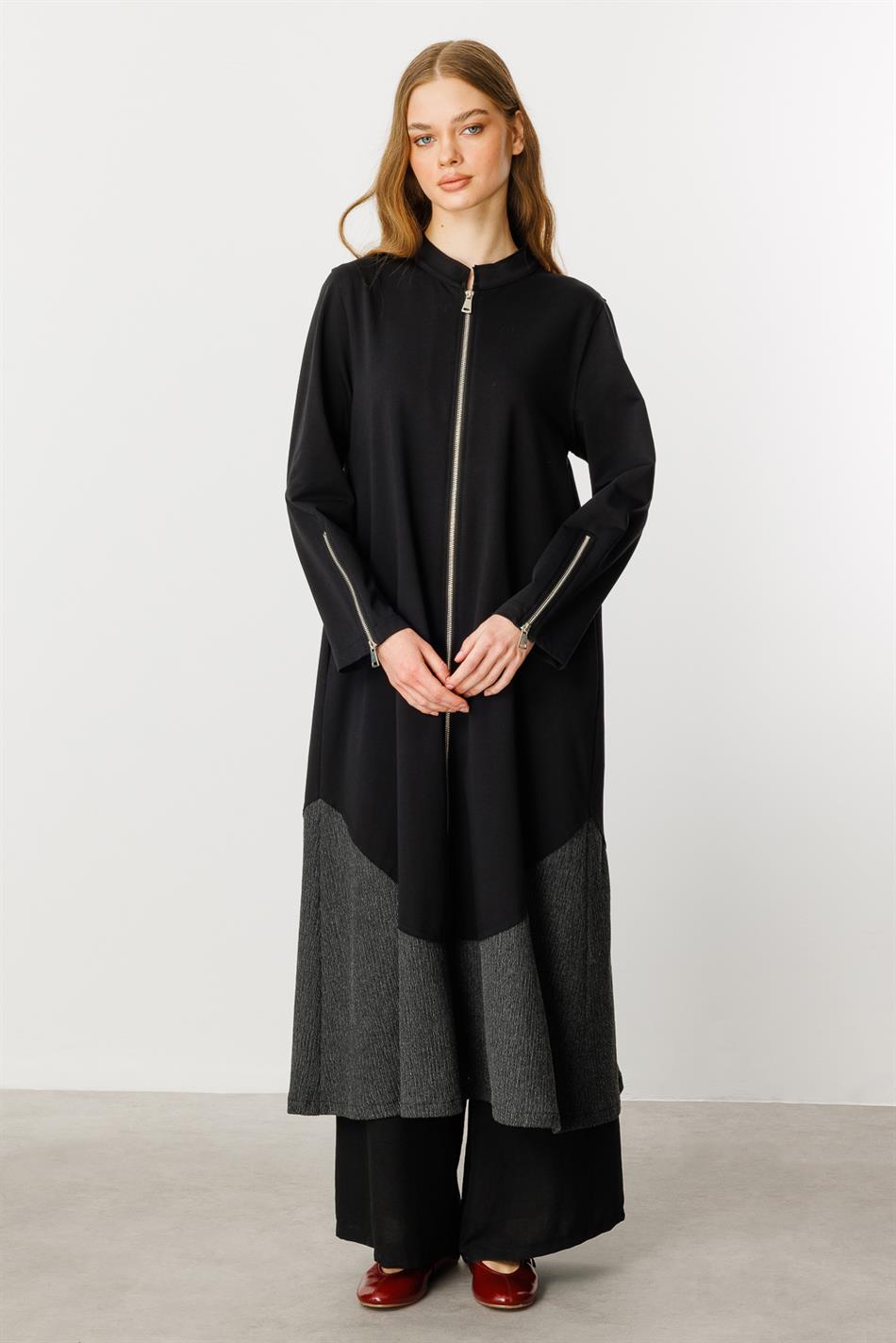 Gratis gebreide abaya van katoenmix met ritssluiting en sierrand - Zwart