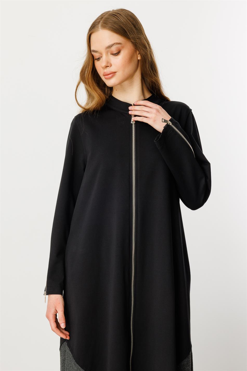Gratis gebreide abaya van katoenmix met ritssluiting en sierrand - Zwart