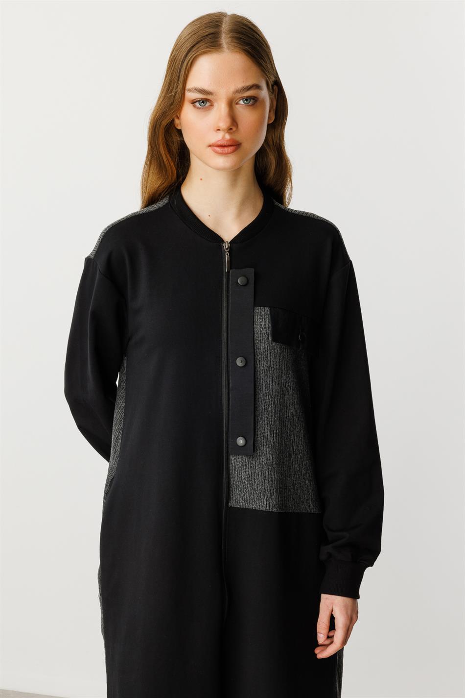 Kostenloser, verzierter Strickmantel/Abaya aus Baumwollmischgewebe – Schwarz