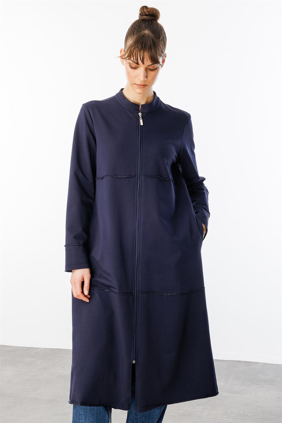 Sportjacke/Abaya aus reinem Baumwollmischgewebe, fein gestrickt – Marineblau