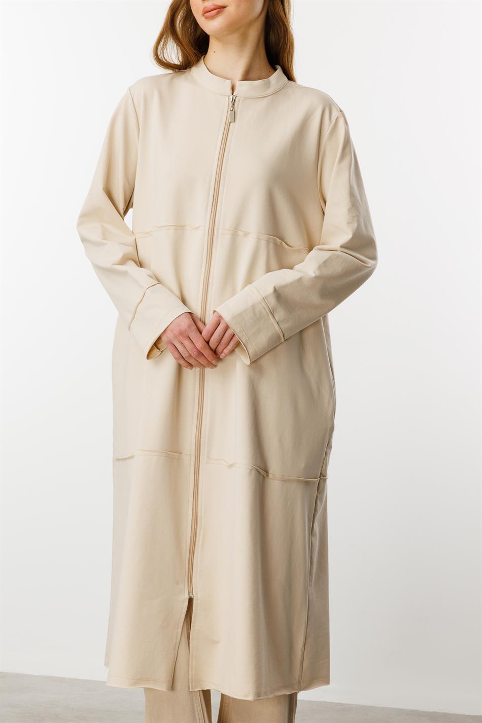 Tam Pambıq Qarışıqlı İncə Örgü İdman Gödəkçəsi/Abaya - Daş