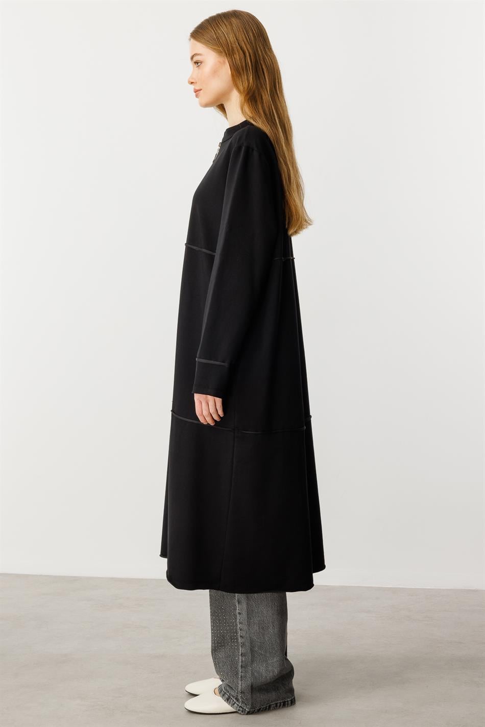 Sportjacke/Abaya aus reinem Baumwollmischgewebe, Feinstrick – Schwarz