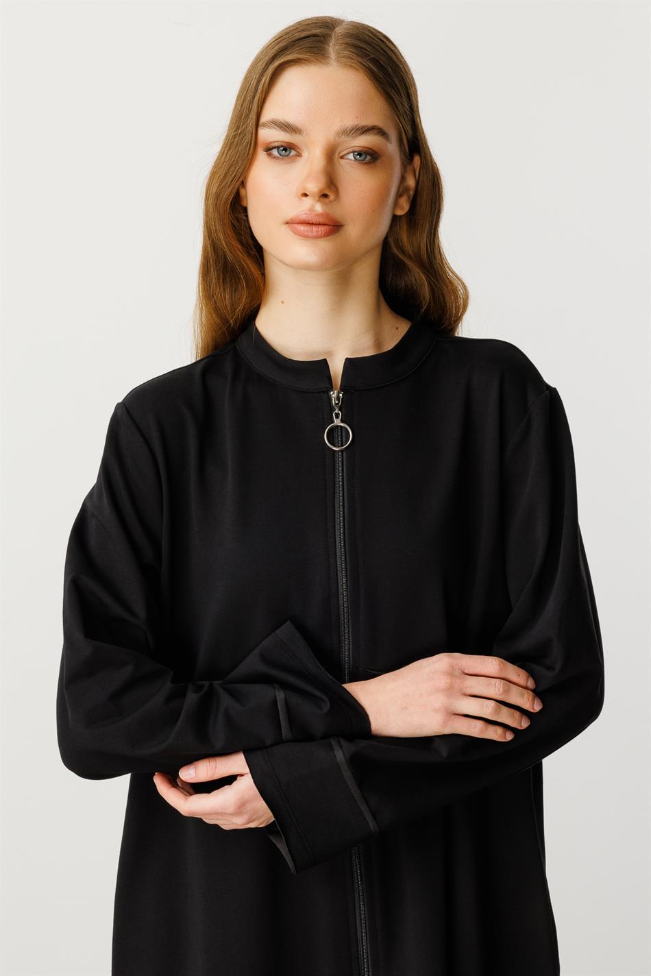 Sportjacke/Abaya aus reinem Baumwollmischgewebe, Feinstrick – Schwarz