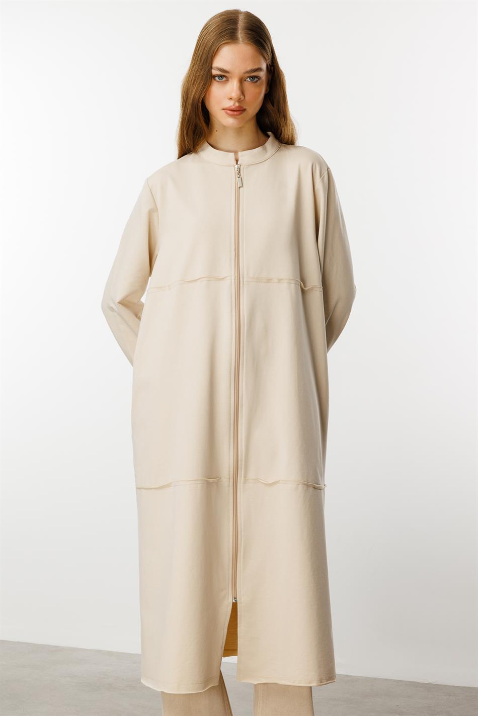 Tam Pambıq Qarışıqlı İncə Örgü İdman Gödəkçəsi/Abaya - Daş