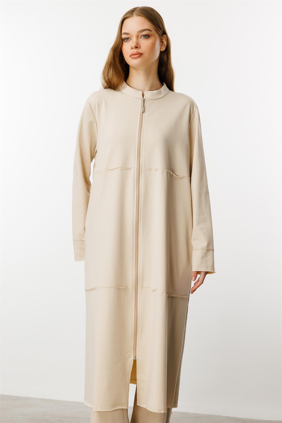 Tam Pambıq Qarışıqlı İncə Örgü İdman Gödəkçəsi/Abaya - Daş