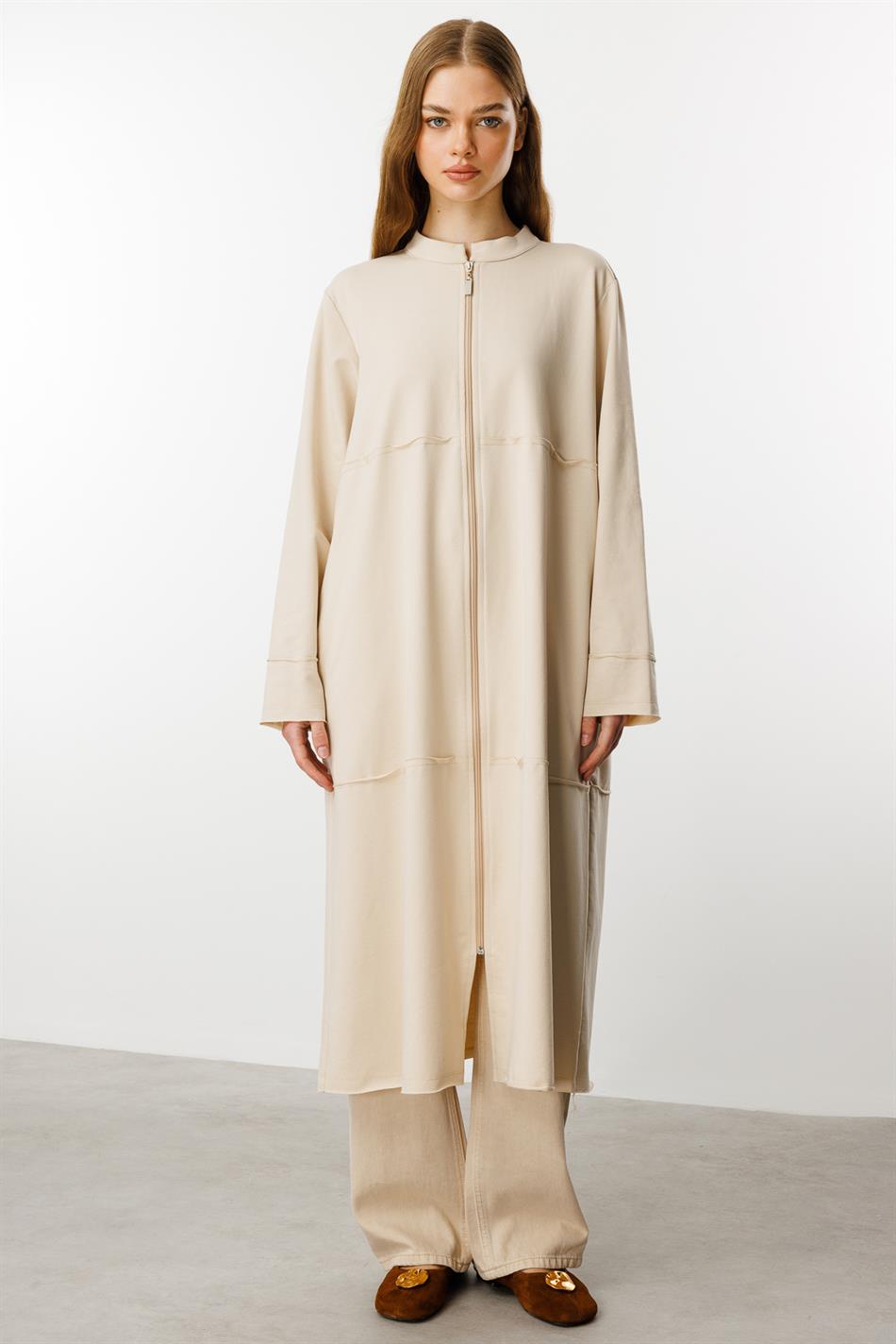 Tam Pambıq Qarışıqlı İncə Örgü İdman Gödəkçəsi/Abaya - Daş