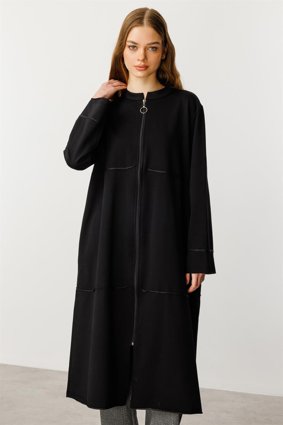 Sportjacke/Abaya aus reinem Baumwollmischgewebe, Feinstrick – Schwarz