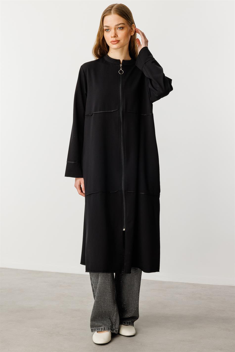 Sportjacke/Abaya aus reinem Baumwollmischgewebe, Feinstrick – Schwarz