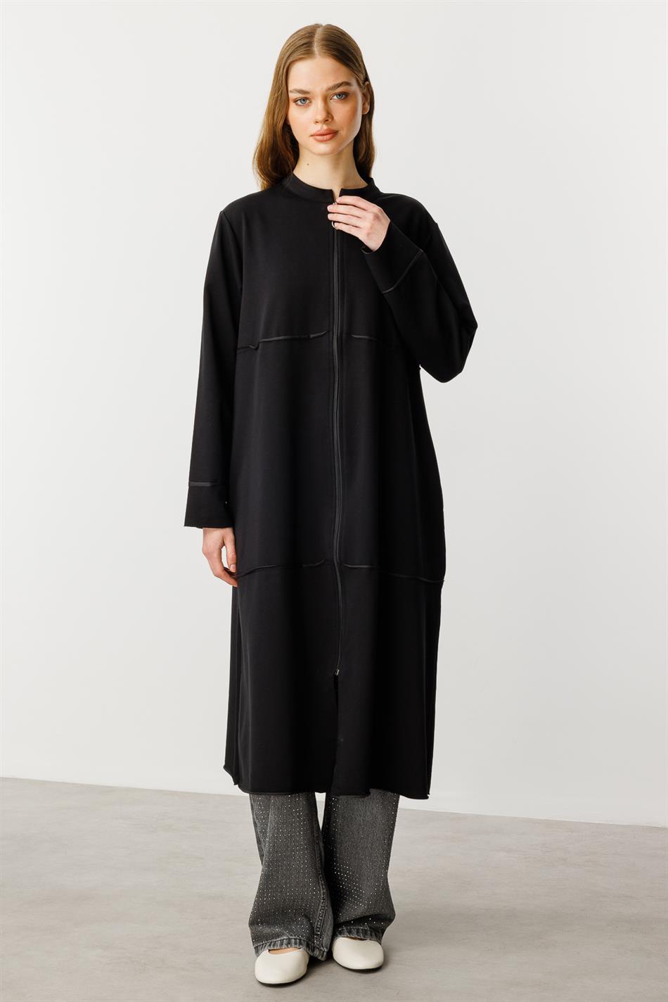 Sportjacke/Abaya aus reinem Baumwollmischgewebe, Feinstrick – Schwarz