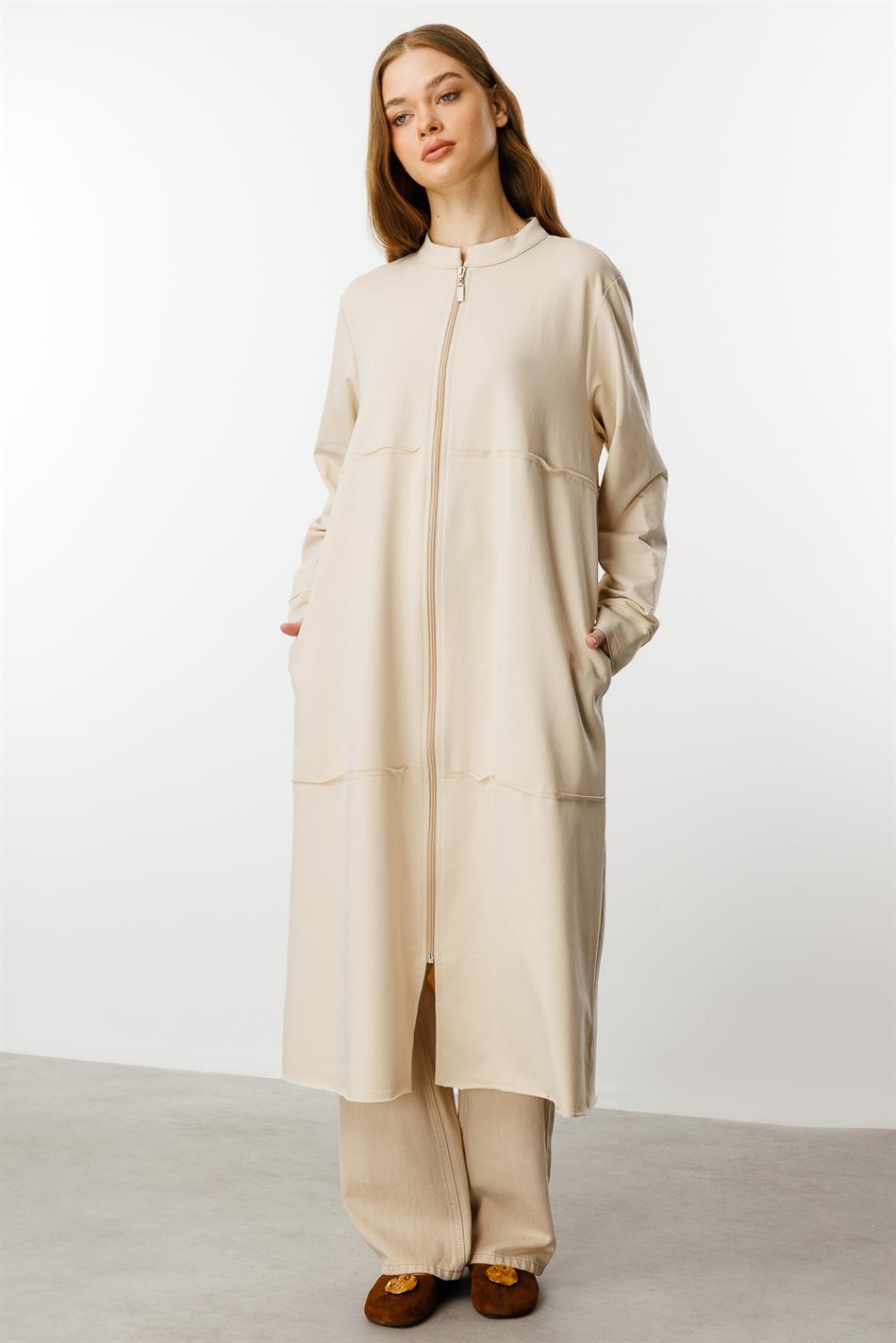 Tam Pambıq Qarışıqlı İncə Örgü İdman Gödəkçəsi/Abaya - Daş