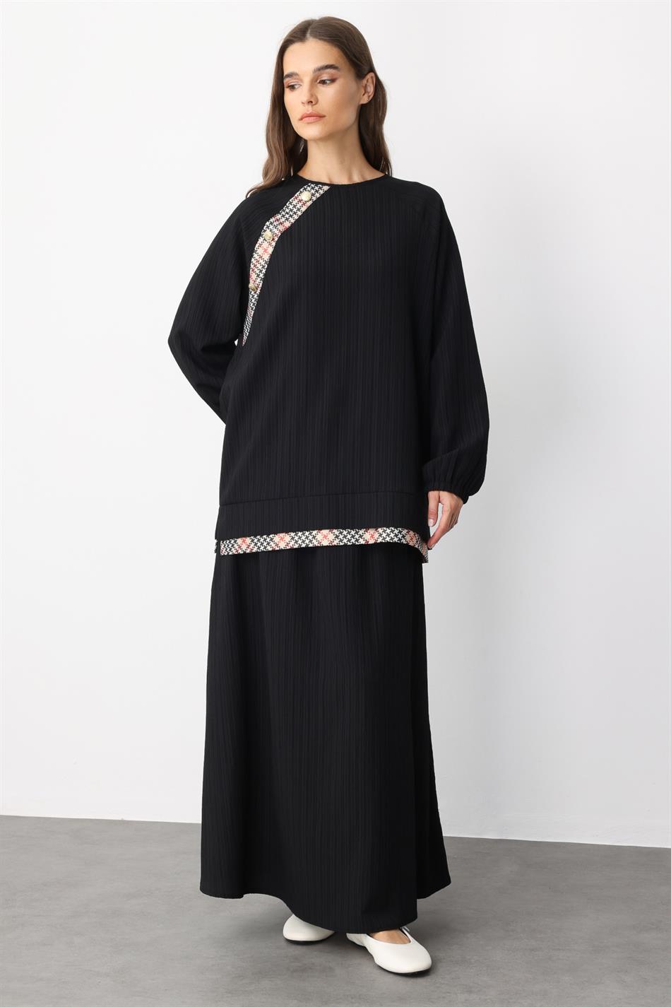 Elegant Skirt Set with Garni Detail, Special Woven Fabric - Black