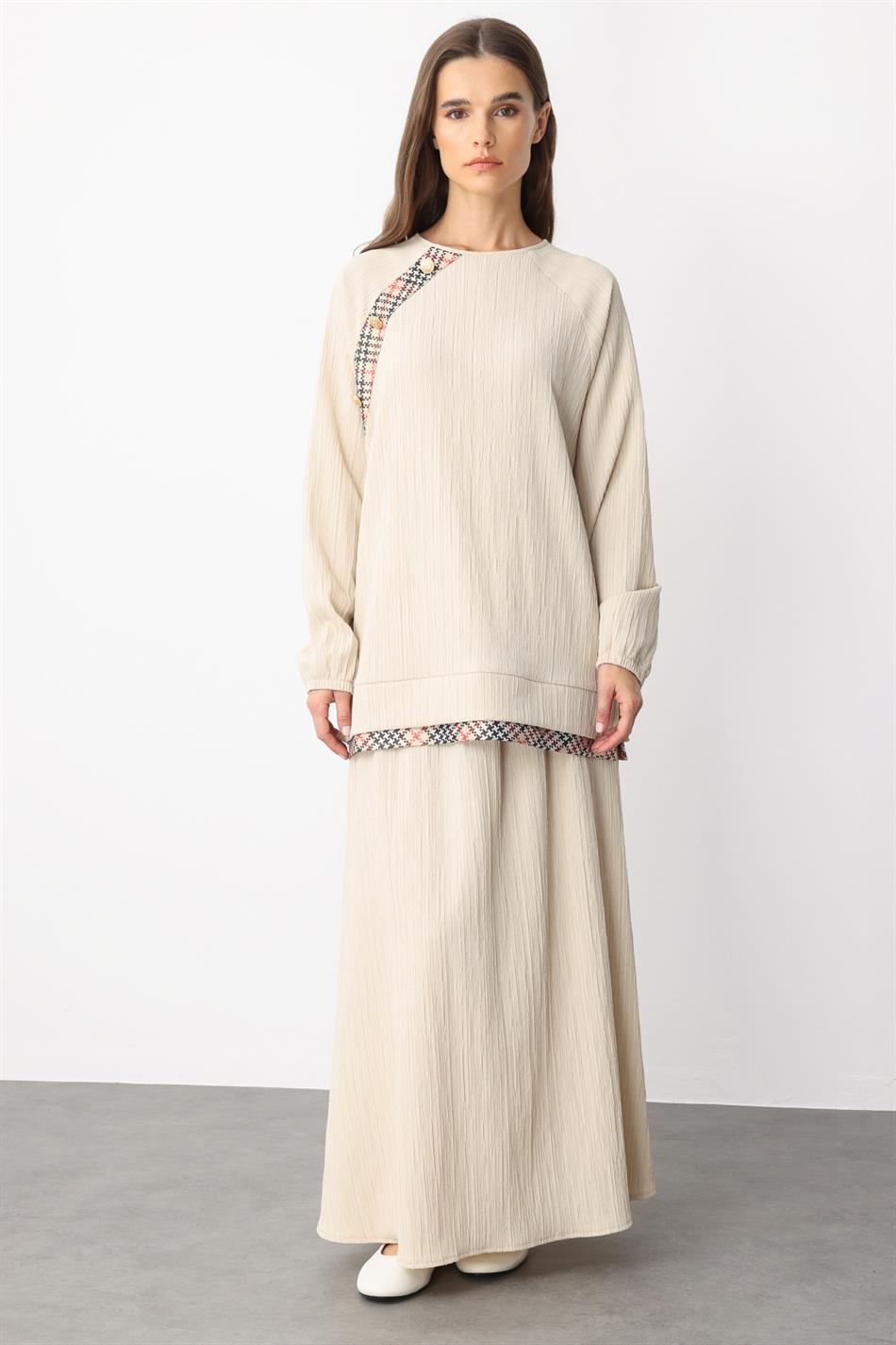 Elegante rokset met garni-details en een bijzonder geweven ontwerp - beige