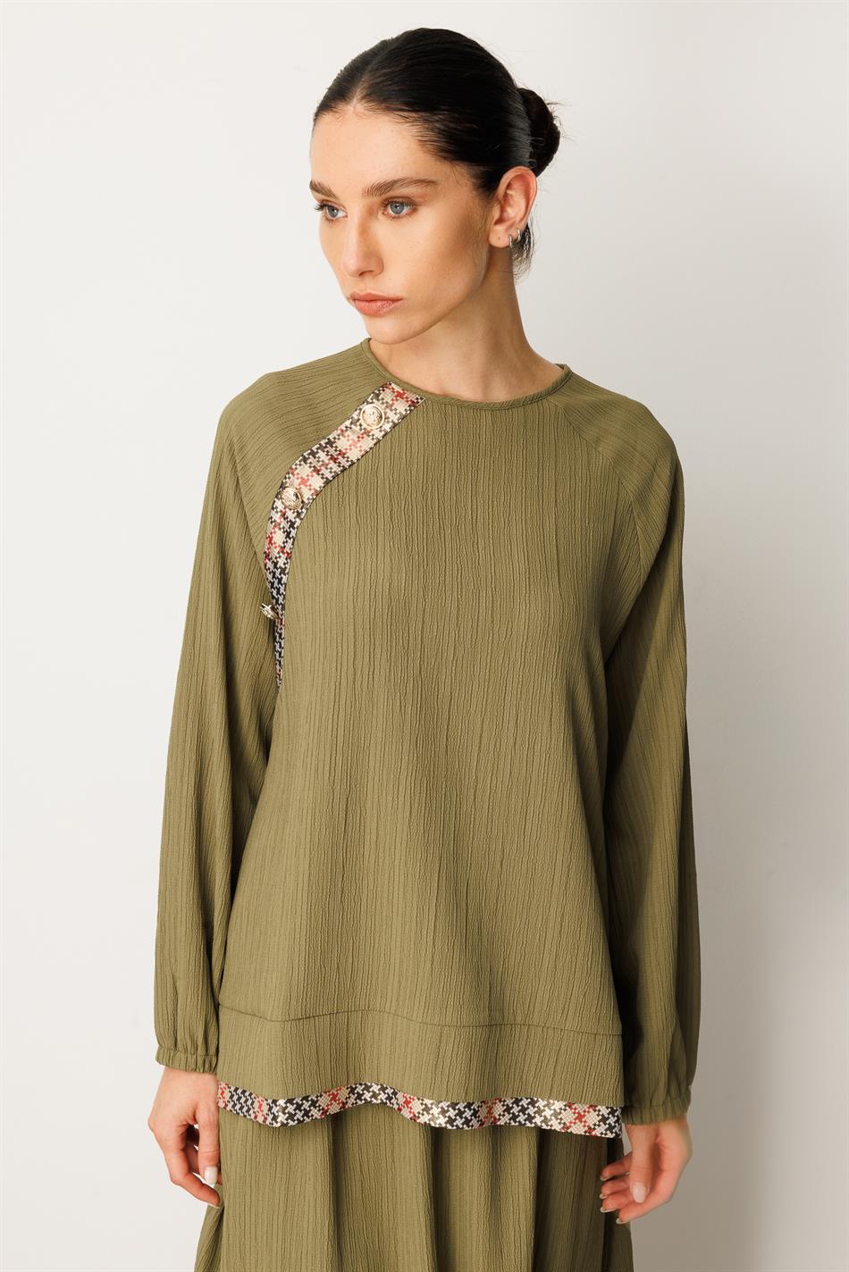 Elegant Skirt Set with Garni Detailing and Special Woven Design - Khaki