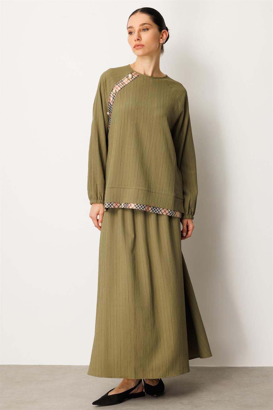 Elegant Skirt Set with Garni Detailing and Special Woven Design - Khaki