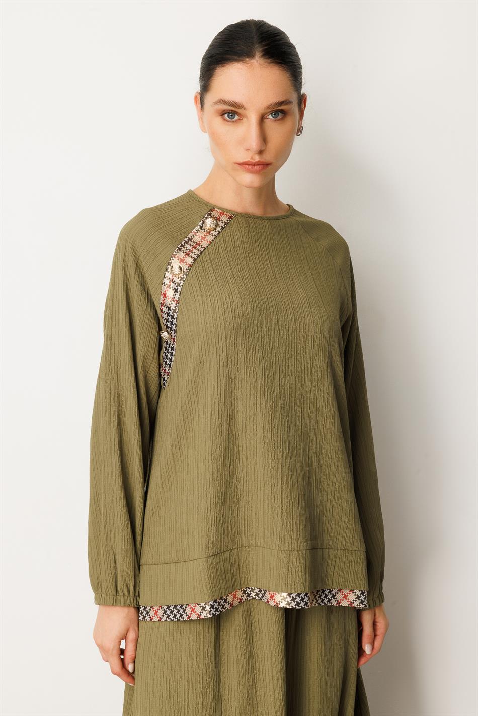 Elegant Skirt Set with Garni Detailing and Special Woven Design - Khaki