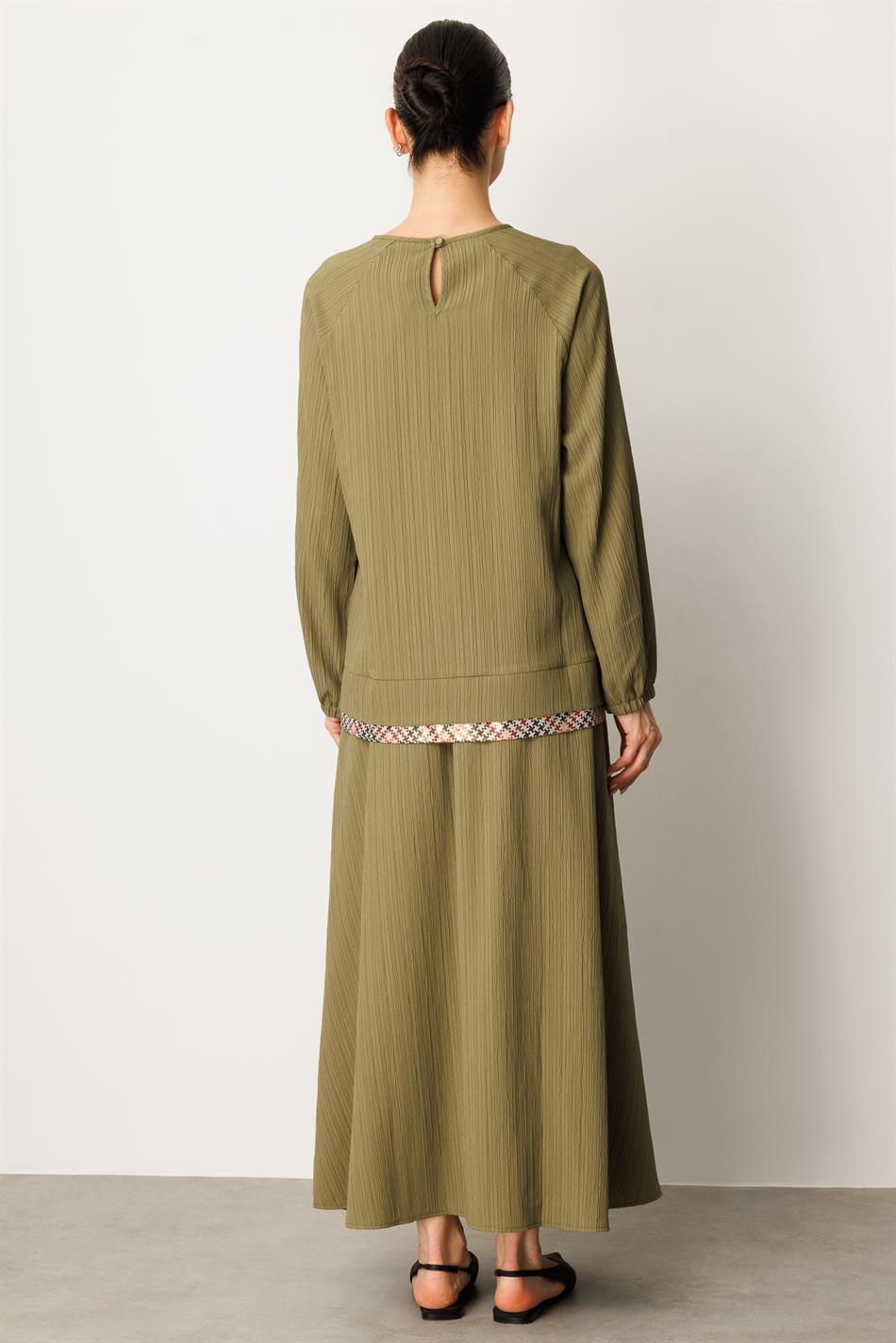 Elegant Skirt Set with Garni Detailing and Special Woven Design - Khaki