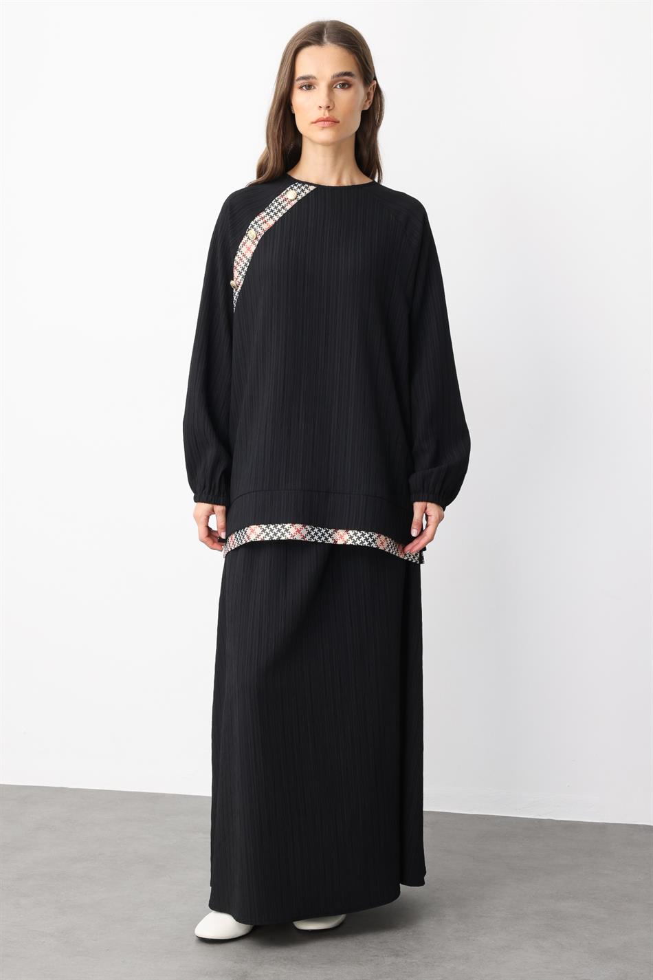 Elegant Skirt Set with Garni Detail, Special Woven Fabric - Black