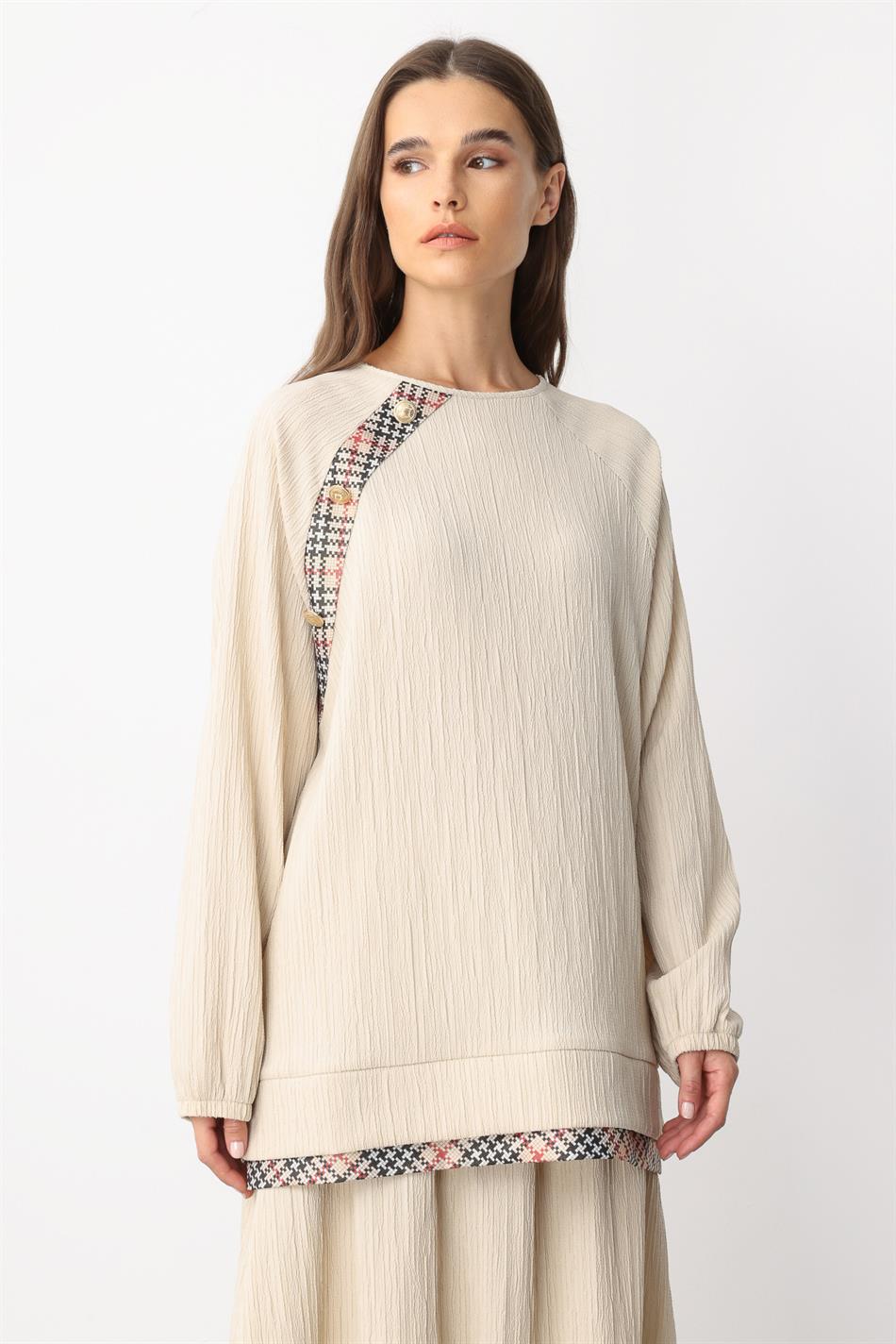 Elegante rokset met garni-details en een bijzonder geweven ontwerp - beige