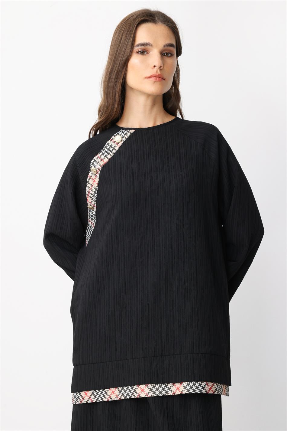 Elegant Skirt Set with Garni Detail, Special Woven Fabric - Black